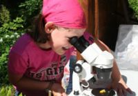 Mädchen sieht durch ein Mikroskop