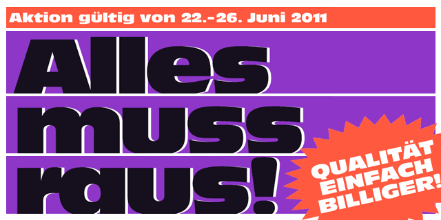 Fylersujet in grellen Farben mit der Aufschrift Alles muss raus!