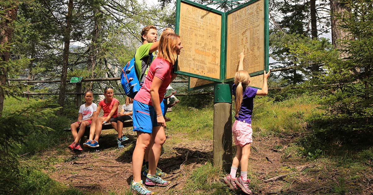 Familie auf Spurensuche im sommerlichen Wald