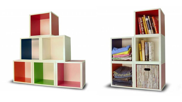 Regalbild aus zwei Perspektiven, eines leer eines eingeräumt.