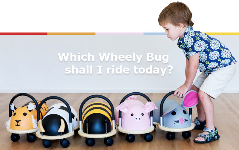 5 Whelly Bugs und ein Junge. Darauf der Text: Which Wheely Bug shall i ride today?